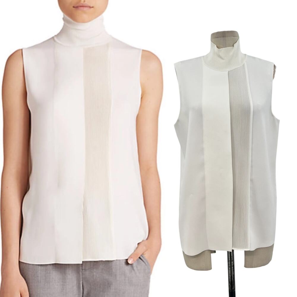 Vince Cream Sleeveless Pleated-Panel Turtleneck Blouse